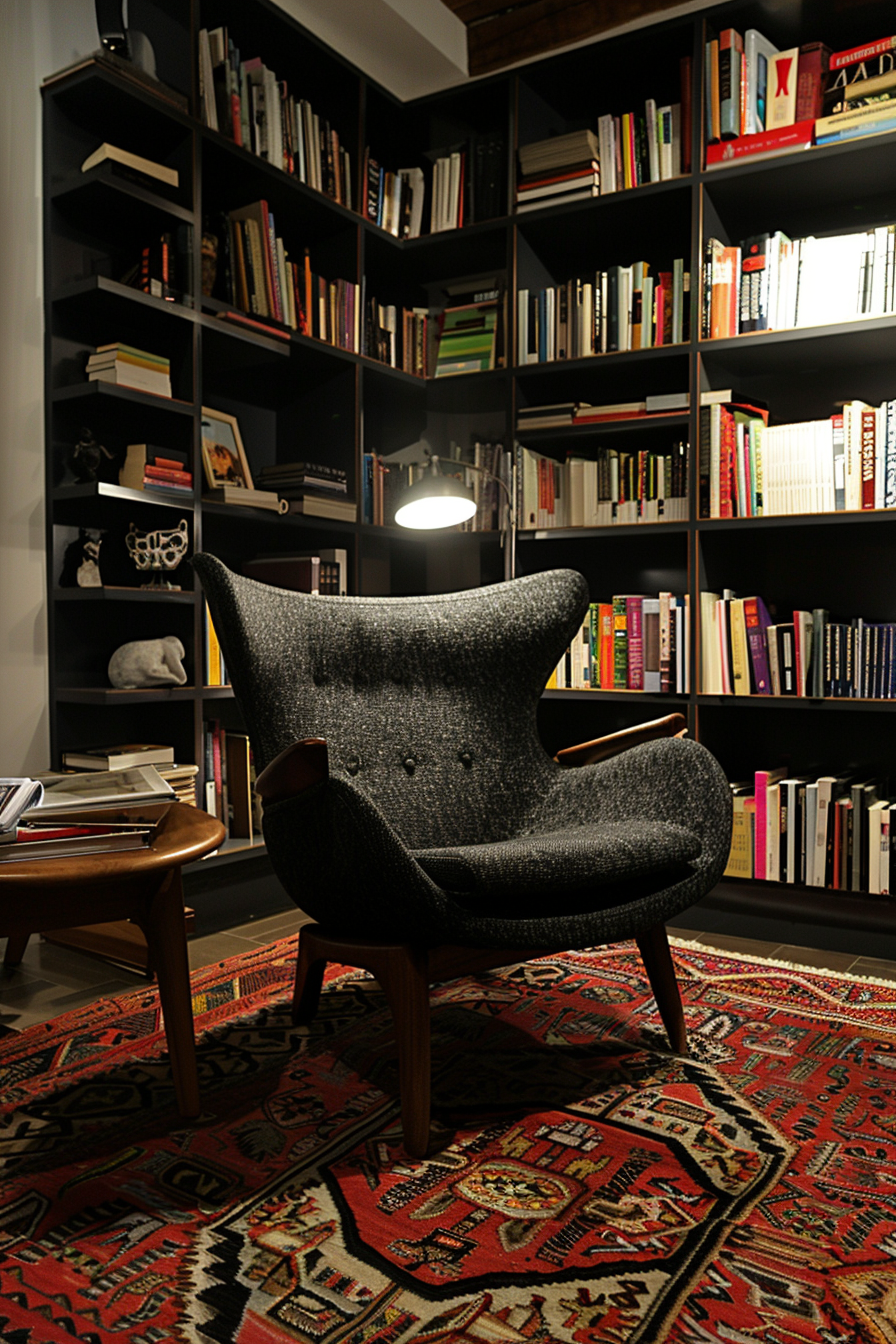 ALT: A cozy reading nook with a stylish black armchair, a wooden side table, a patterned rug, and bookshelves filled with diverse books.
