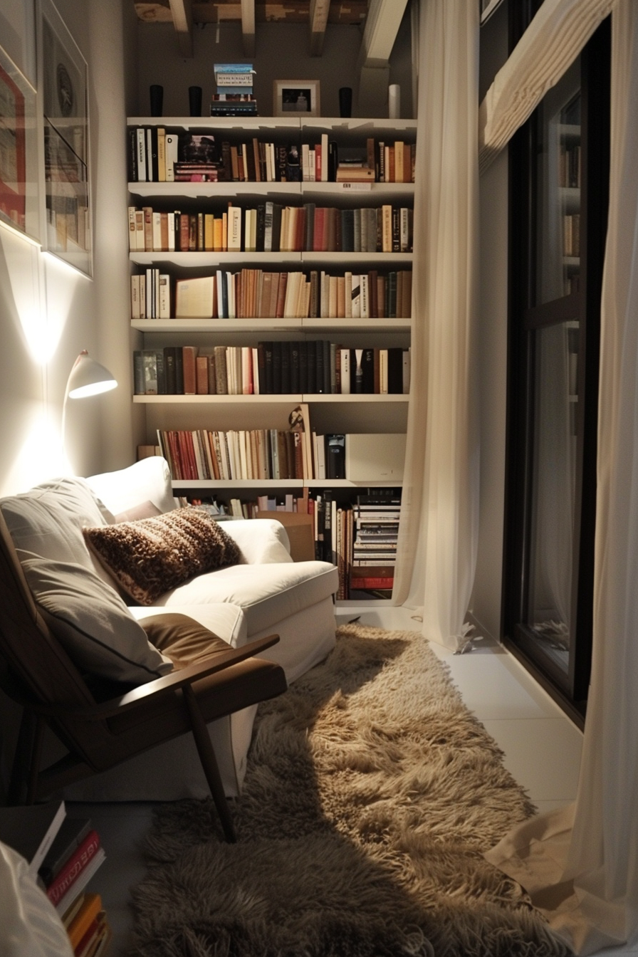 Cozy reading nook with a plush armchair, floor lamp, and bookshelves full of books beside a window with sheer curtains.