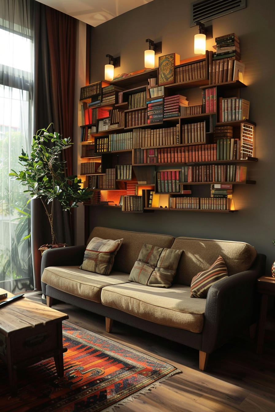 A cozy reading nook with a large bookshelf full of books, warm lighting, a plush sofa, patterned rug, and a green potted plant.