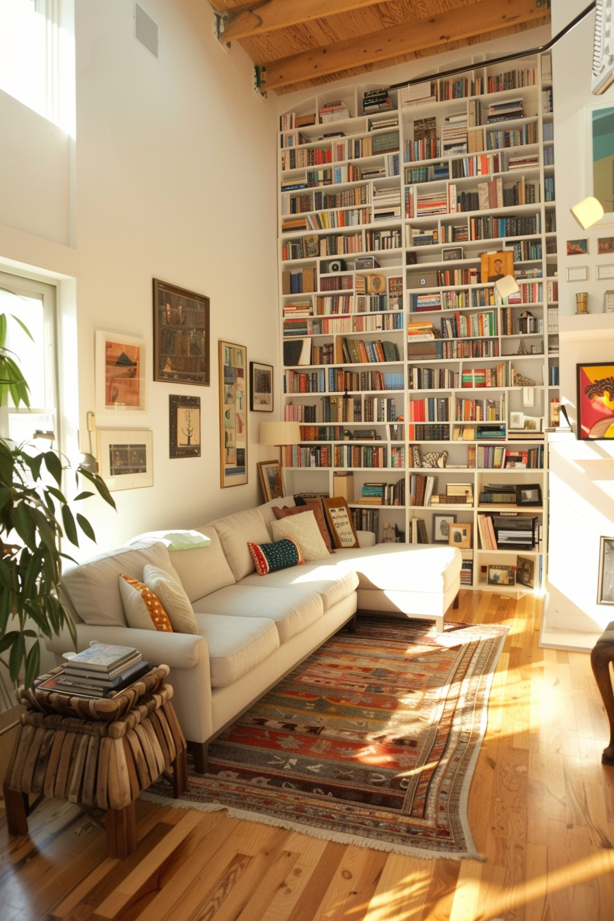 A cozy living room with a large bookshelf full of books, a comfortable sofa, a patterned rug, and warm sunlight filtering in.
