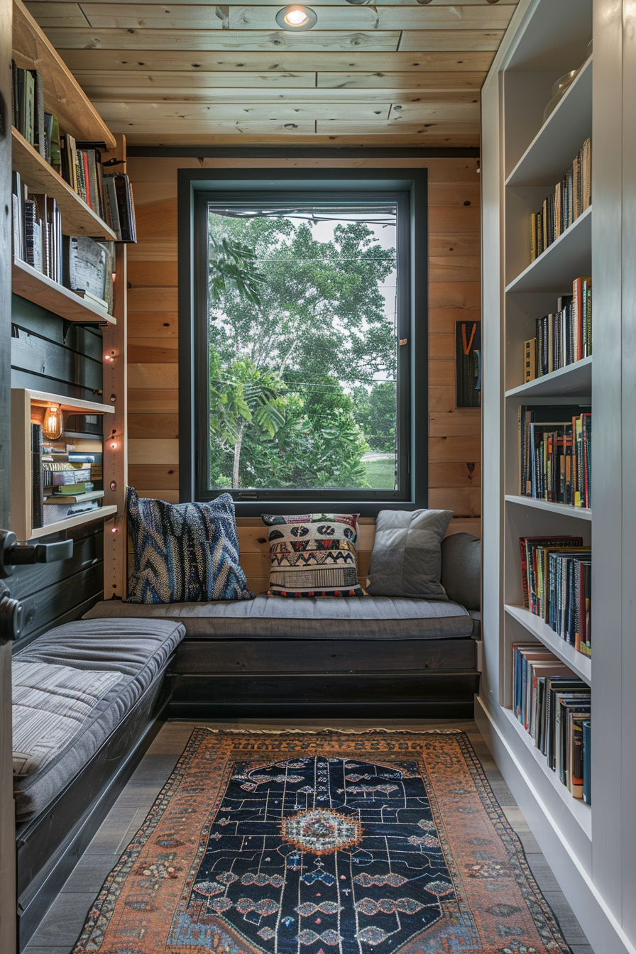 Cozy reading nook with large window, cushioned seating, patterned rug, and bookshelves in a wooden interior.