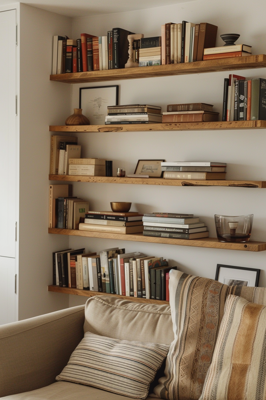 A cozy reading nook with a beige couch and cushions, flanked by wooden bookshelves filled with various books and decorative items.