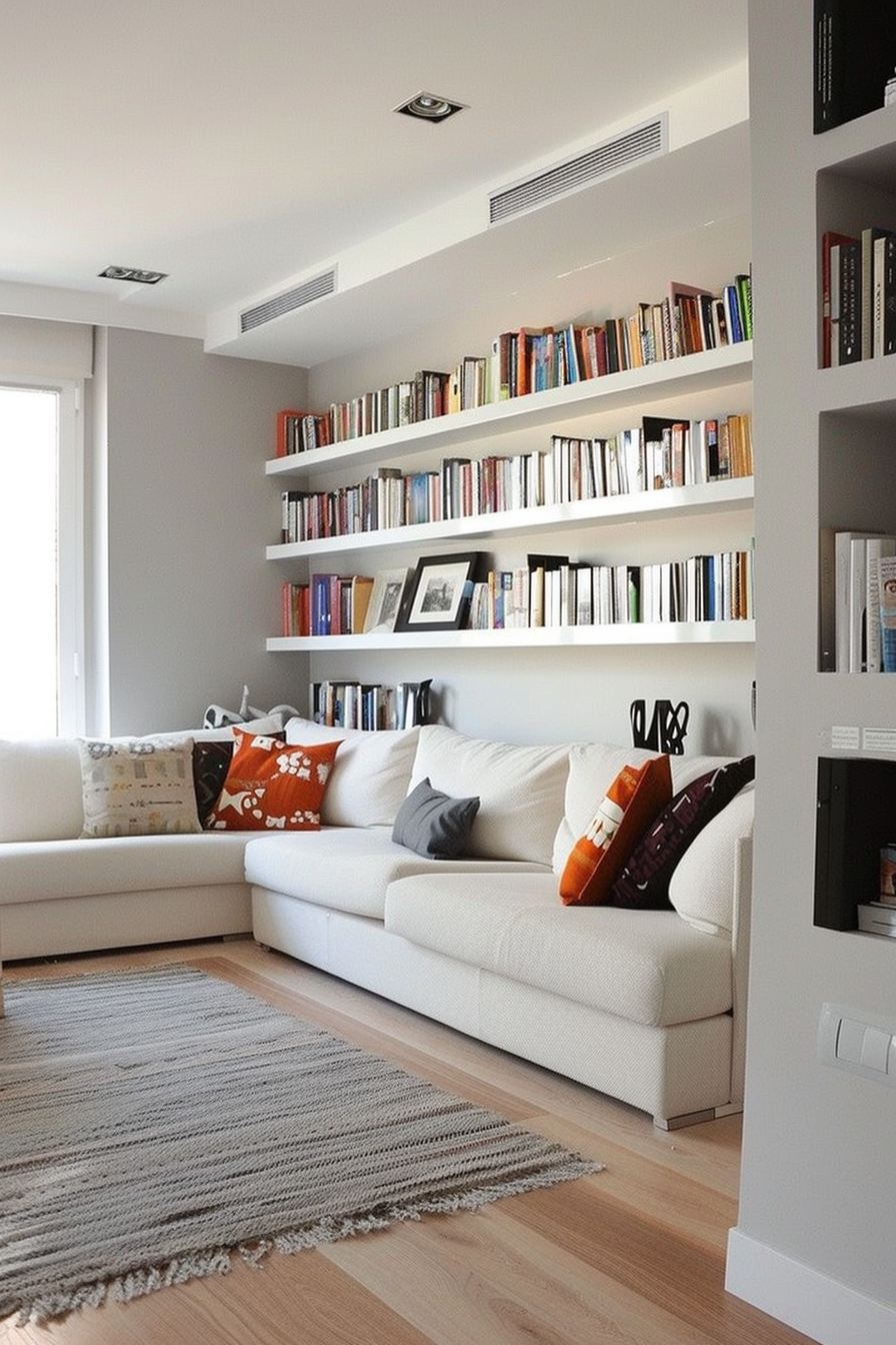 A cozy living room with white sofas strewn with decorative pillows, a full bookshelf above, and a gray rug on hardwood floor.