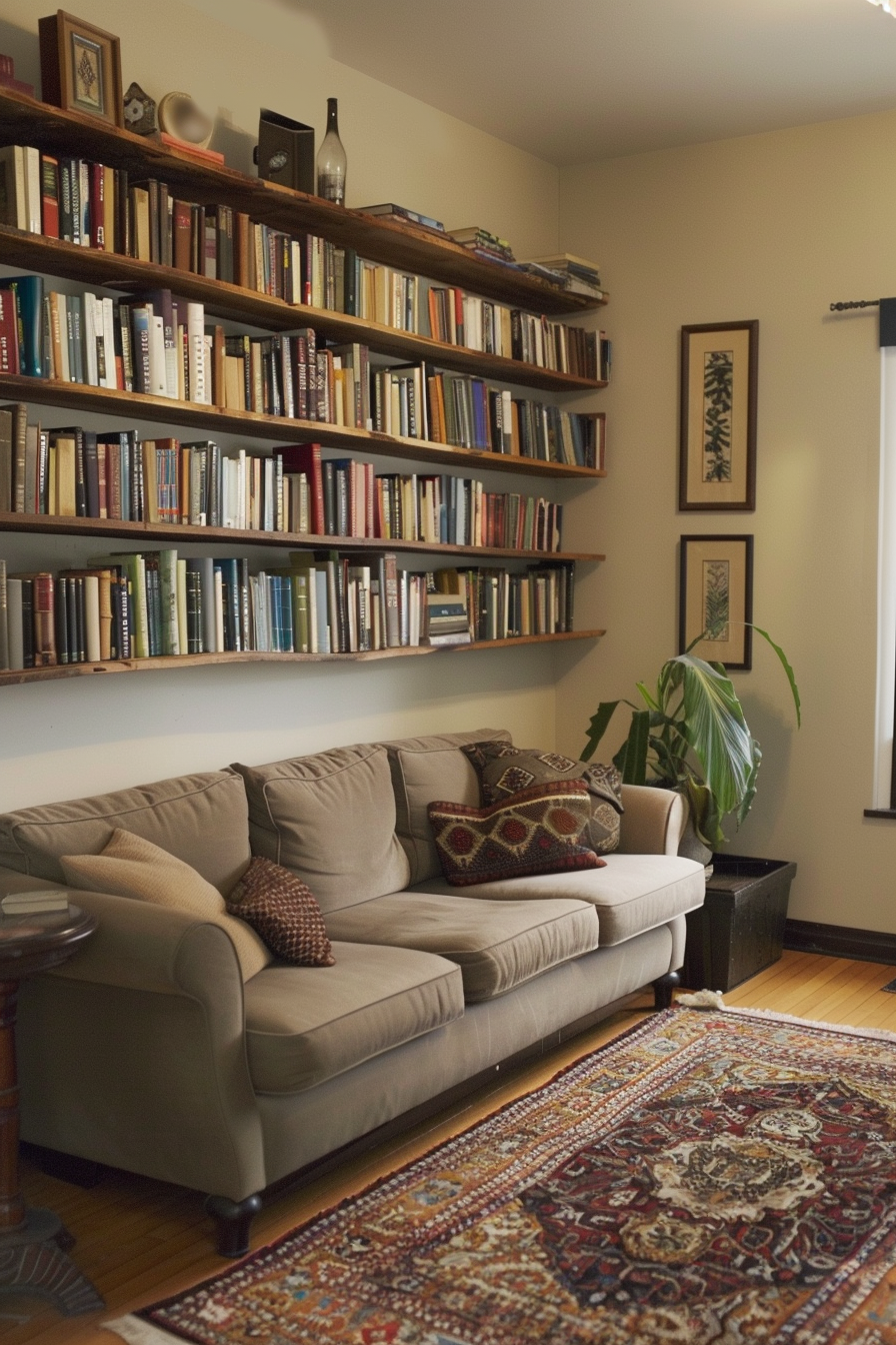 Cozy living room with a beige sofa, ornate rug, and wall-to-wall bookshelves filled with books.