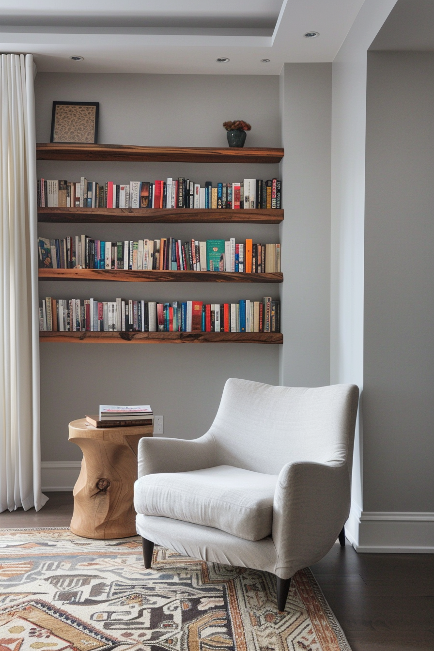Cozy reading nook with a modern armchair, wooden side table, and shelves full of books against a gray wall.