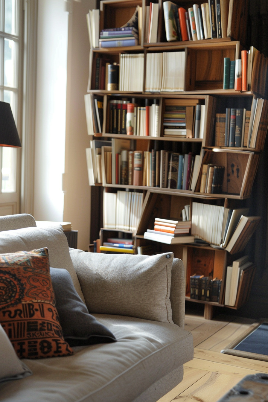A cozy reading nook with a large beige sofa and a tall wooden bookshelf filled with assorted books.