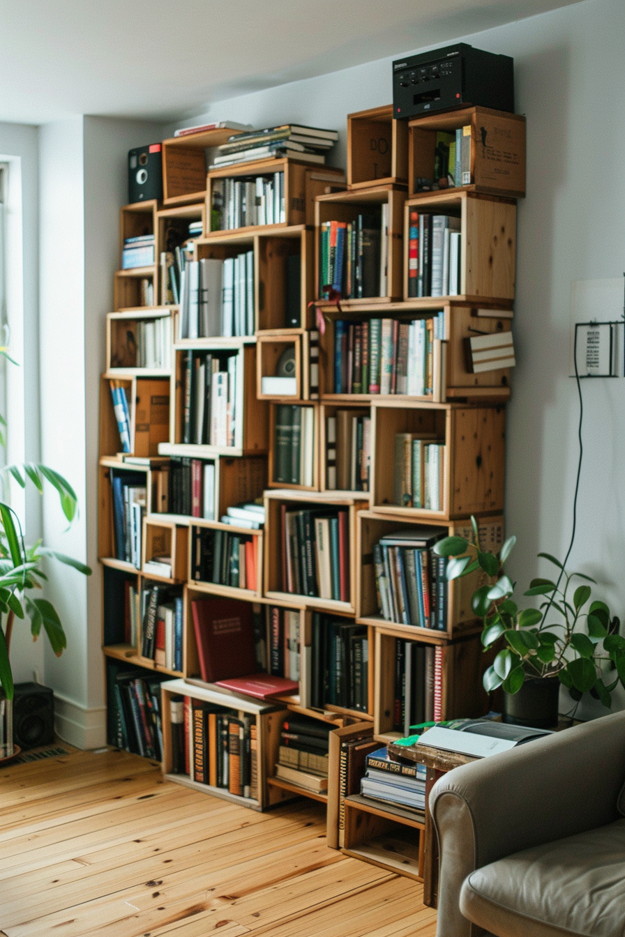 Cozy reading corner with a large, eclectic wooden bookshelf full of books, plants, and a comfy armchair on a wooden floor.