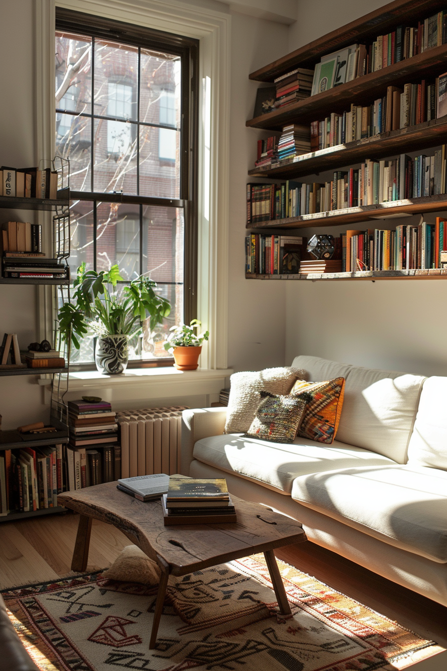 Cozy living room corner with sunlight filtering through a window, a sofa, rustic coffee table, and bookshelves filled with books.