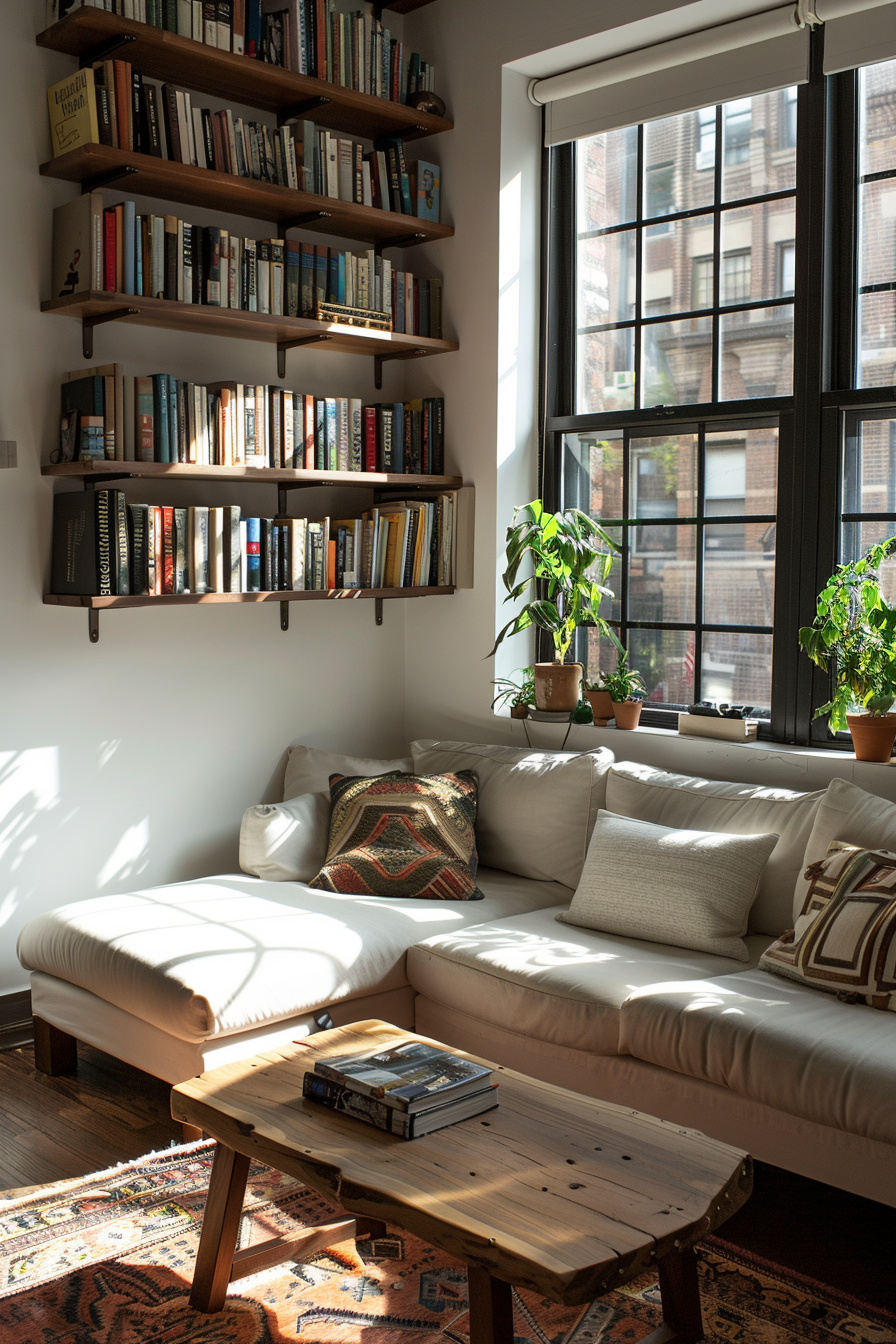 Cozy living room corner with a beige sectional sofa, wooden floating bookshelves, plants by the window, and a rustic coffee table.