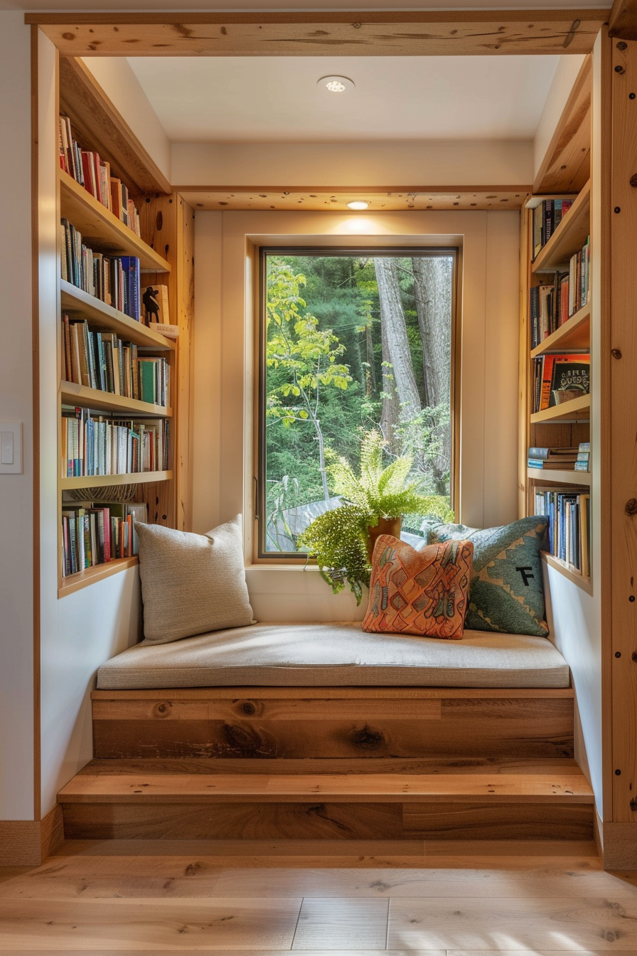 Cozy reading nook with cushioned seat, surrounded by bookshelves, overlooking a forest through a large window.