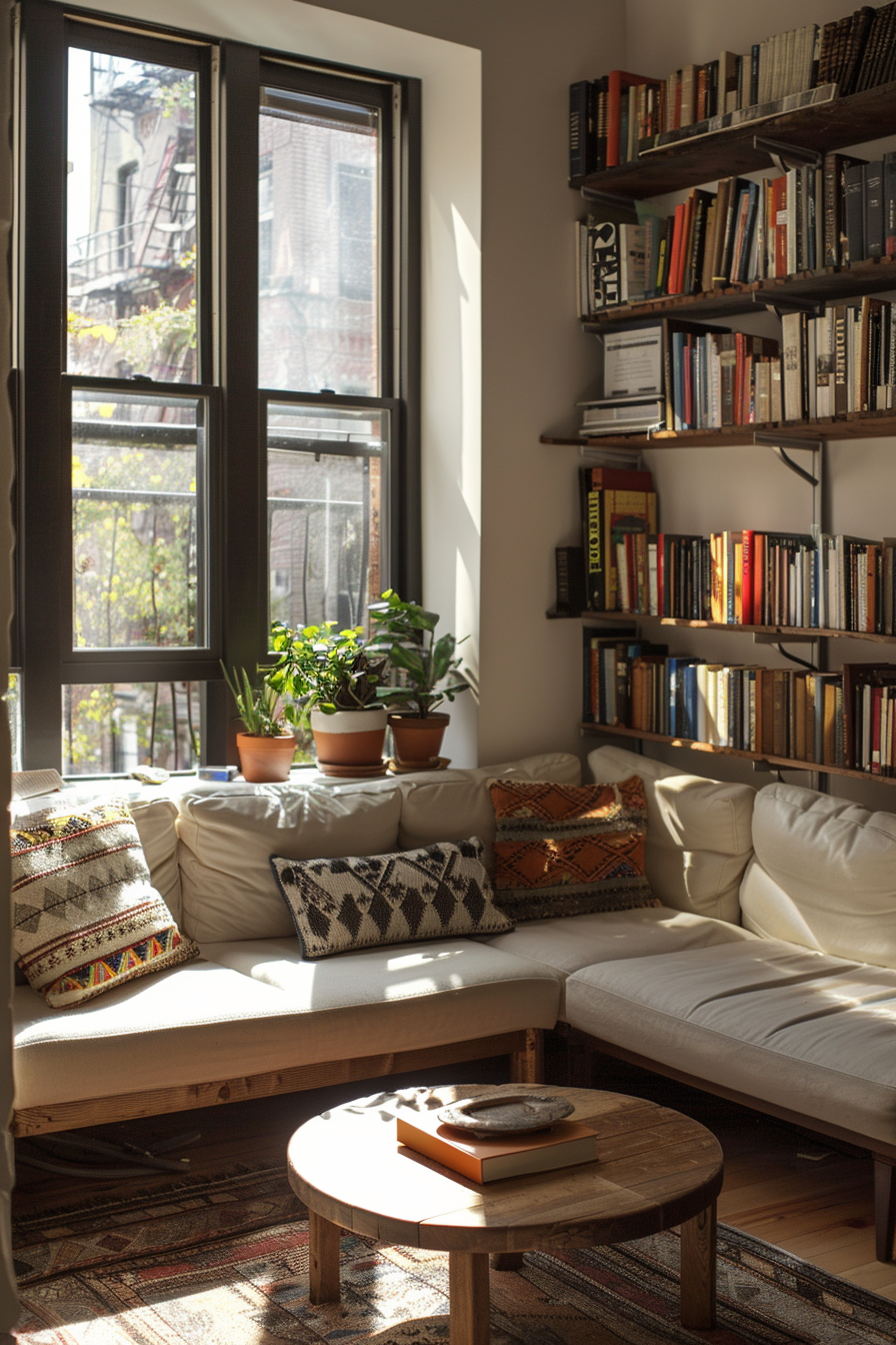 Cozy living room corner with sunlight, a comfortable couch, patterned pillows, plants by the window, and shelves filled with books.