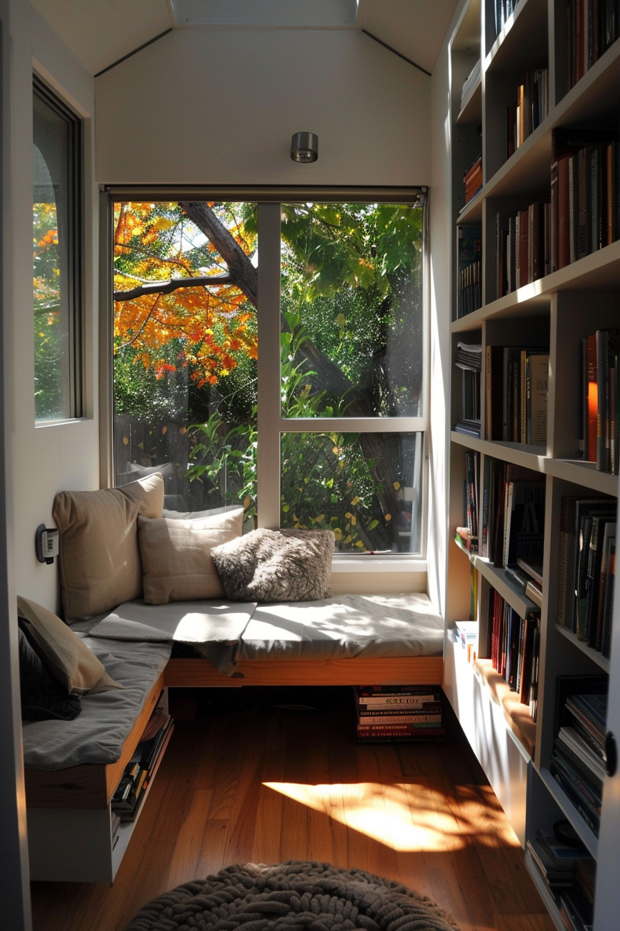 Cozy reading nook with cushions beside a window overlooking autumn trees, adjacent to a bookshelf filled with books.