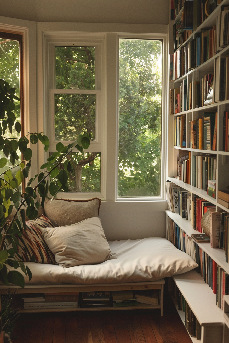 A cozy reading nook with a cushioned bench, large window, surrounded by bookshelves filled with books, and greenery outside.