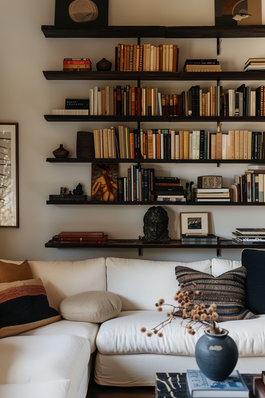 Cozy living room corner with a white sofa, pillows, and a well-organized bookshelf full of books and decorative items.