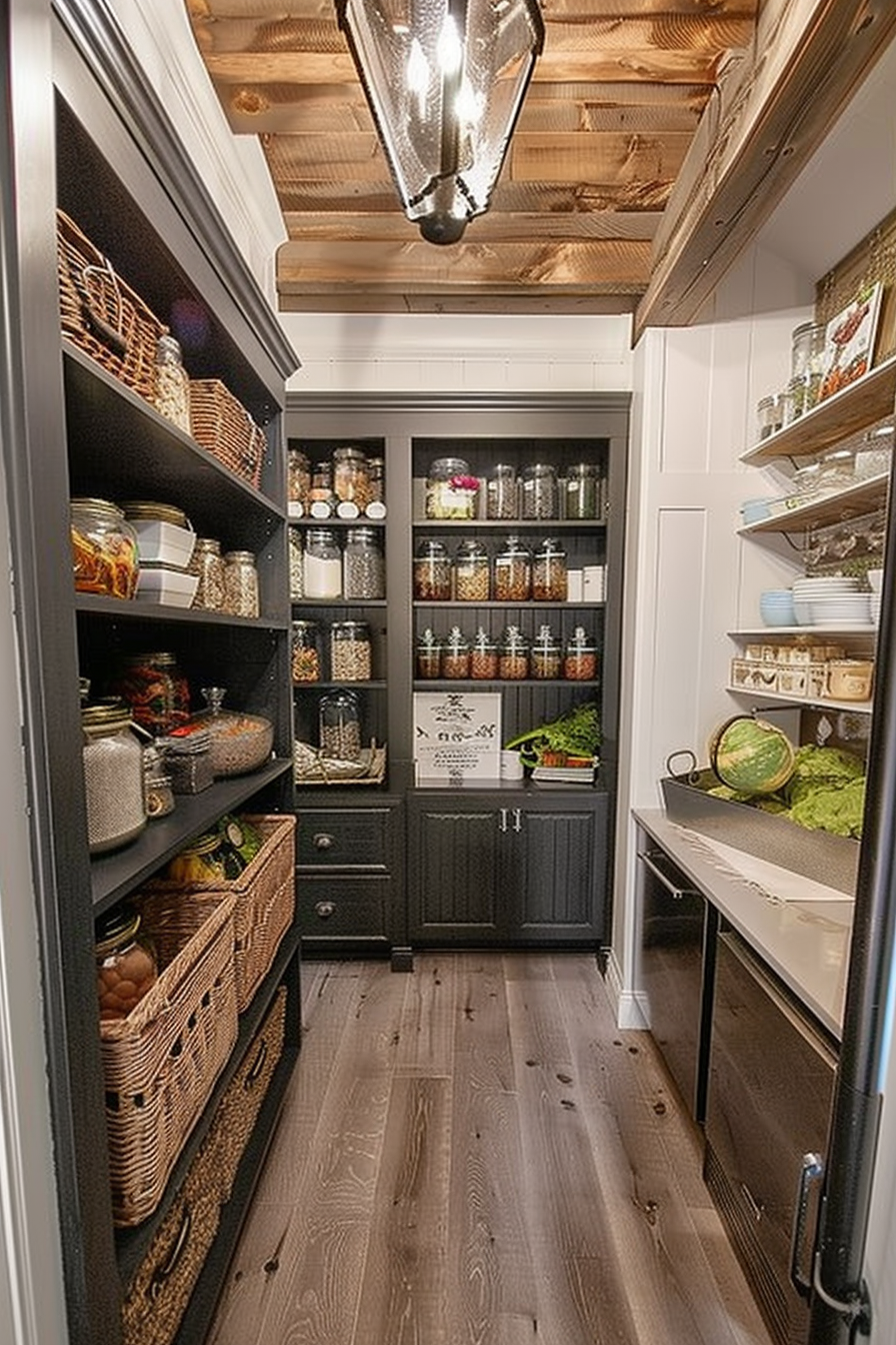 A well-organized pantry with wooden shelves, glass jars filled with dry goods, wicker baskets, and a black cabinet, under wooden ceiling beams.
