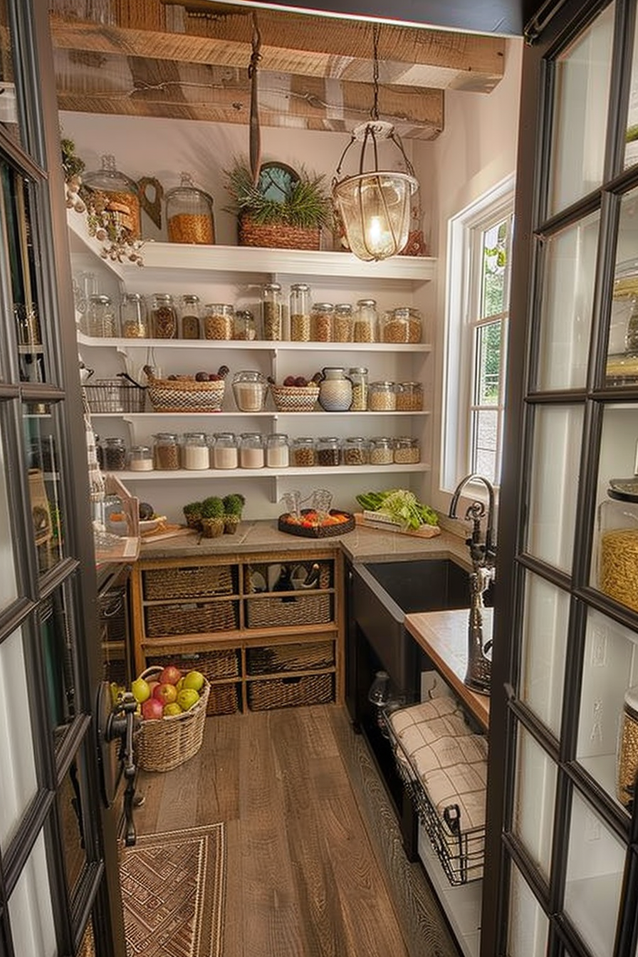 A cozy pantry with wooden shelves stocked with jars, wicker baskets, and a rustic lantern hanging above a counter and sink.