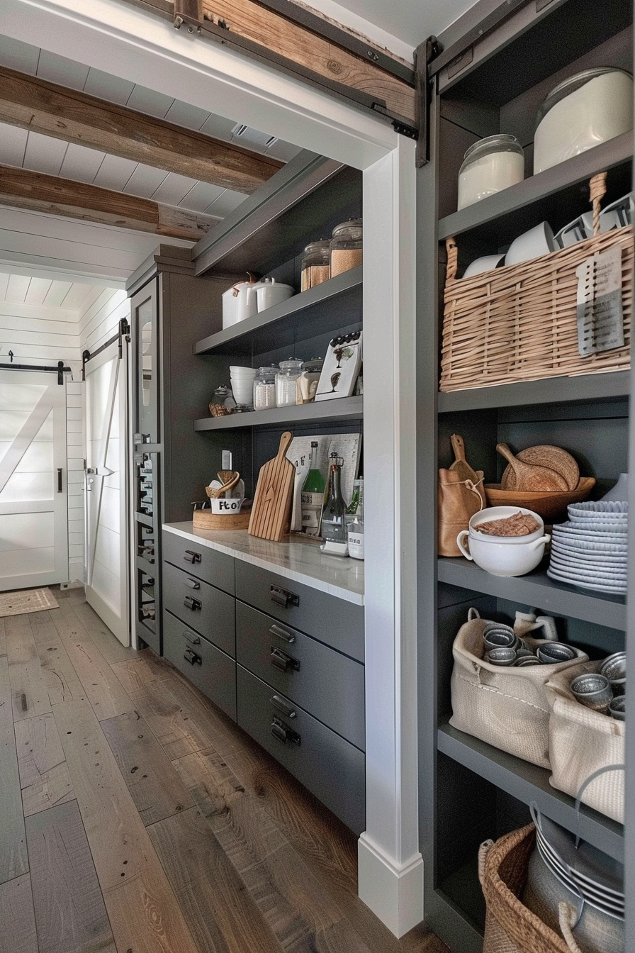 Modern pantry with dark gray shelves, white countertops, and kitchenware organized in wicker baskets and jars, with a sliding barn door on the left.