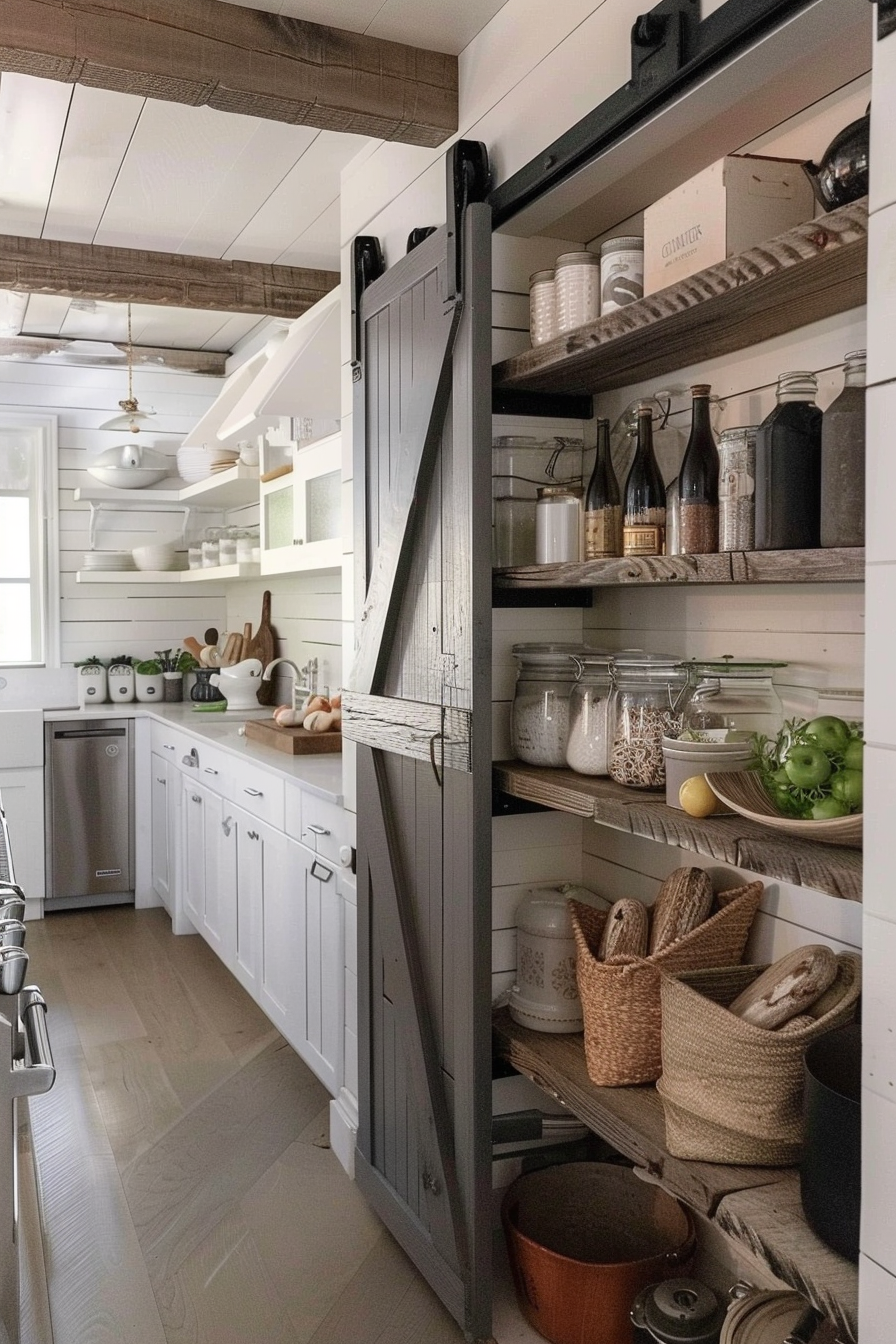 Rustic farmhouse kitchen with white cabinetry, stainless steel appliances, and an open pantry with wooden shelves stocked with jars and wicker baskets.