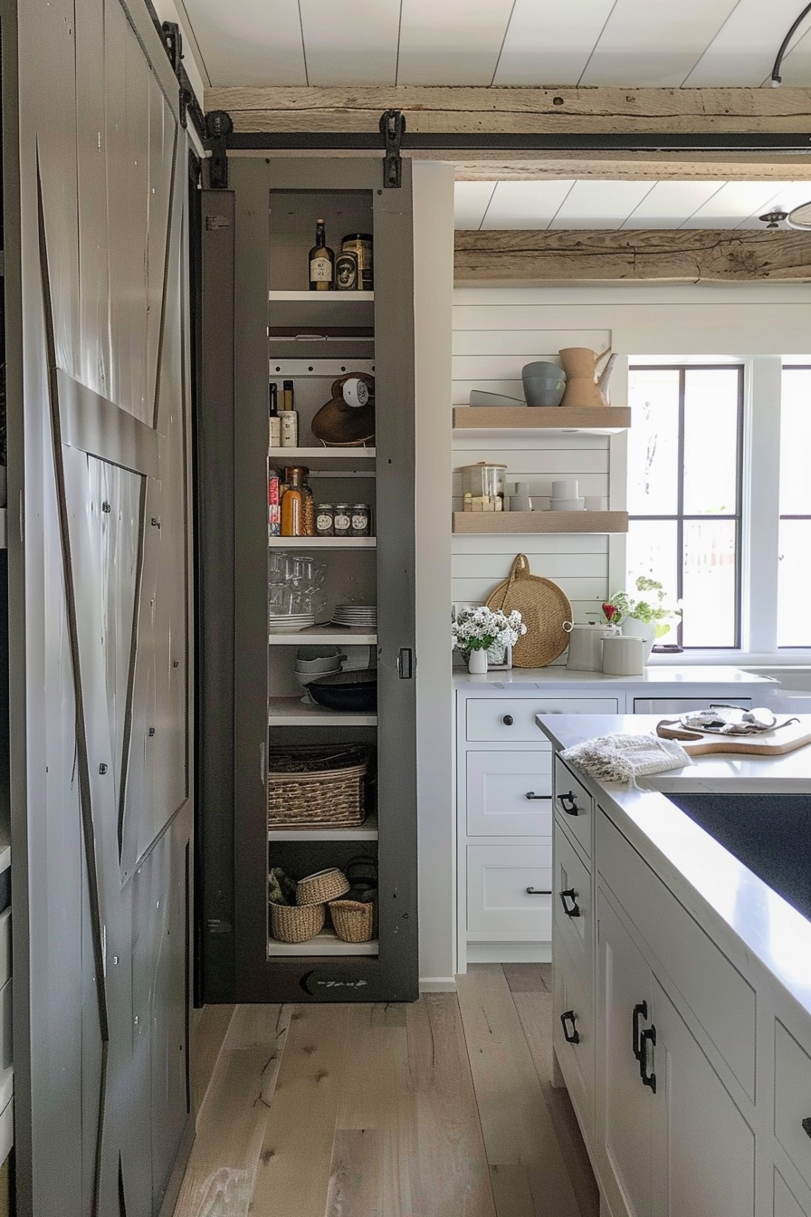 A well-lit, cozy kitchen interior with white subway tiles, farmhouse sink, wooden countertops, and vintage-style lighting fixtures.