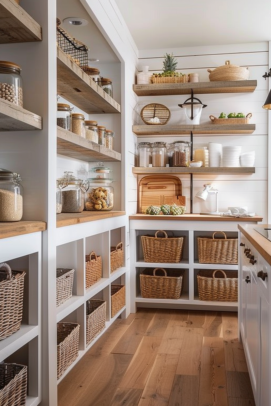 A modern pantry with wooden shelves holding jars and baskets, a bread box, and decorative plants, featuring a warm lighting ambiance.
