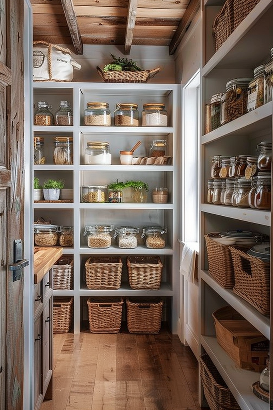 ALT: A cozy pantry with exposed wooden beams, white shelving filled with glass jars of dry goods, and woven baskets on hardwood flooring.