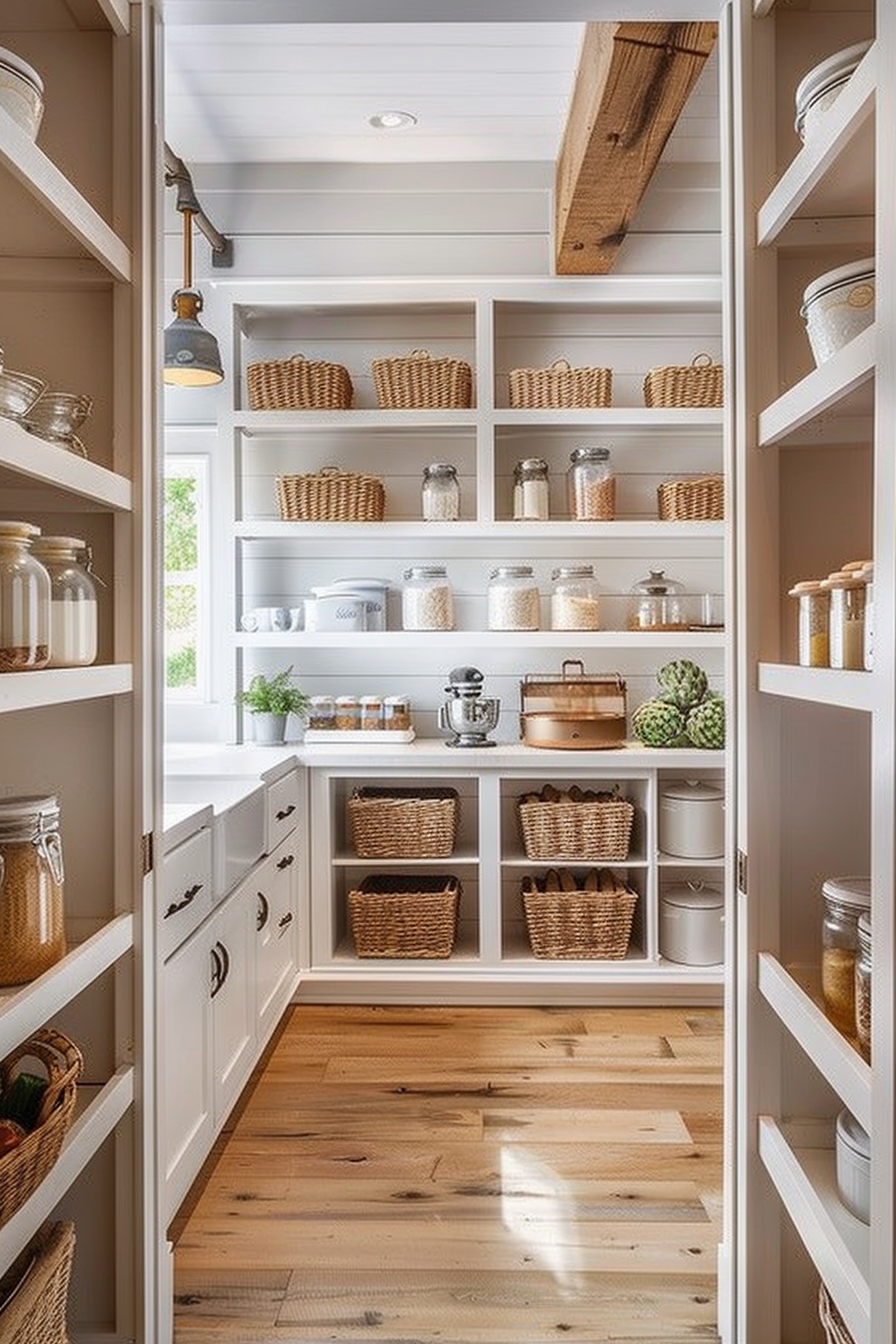 ALT: A neat pantry with wooden floors, white shelves stocked with wicker baskets, glass jars, and kitchen utensils under warm lighting.