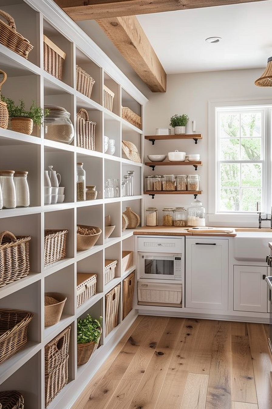 Cozy kitchen interior with white cabinetry, wooden shelves, wicker baskets, and neatly organized dishware under warm lighting.