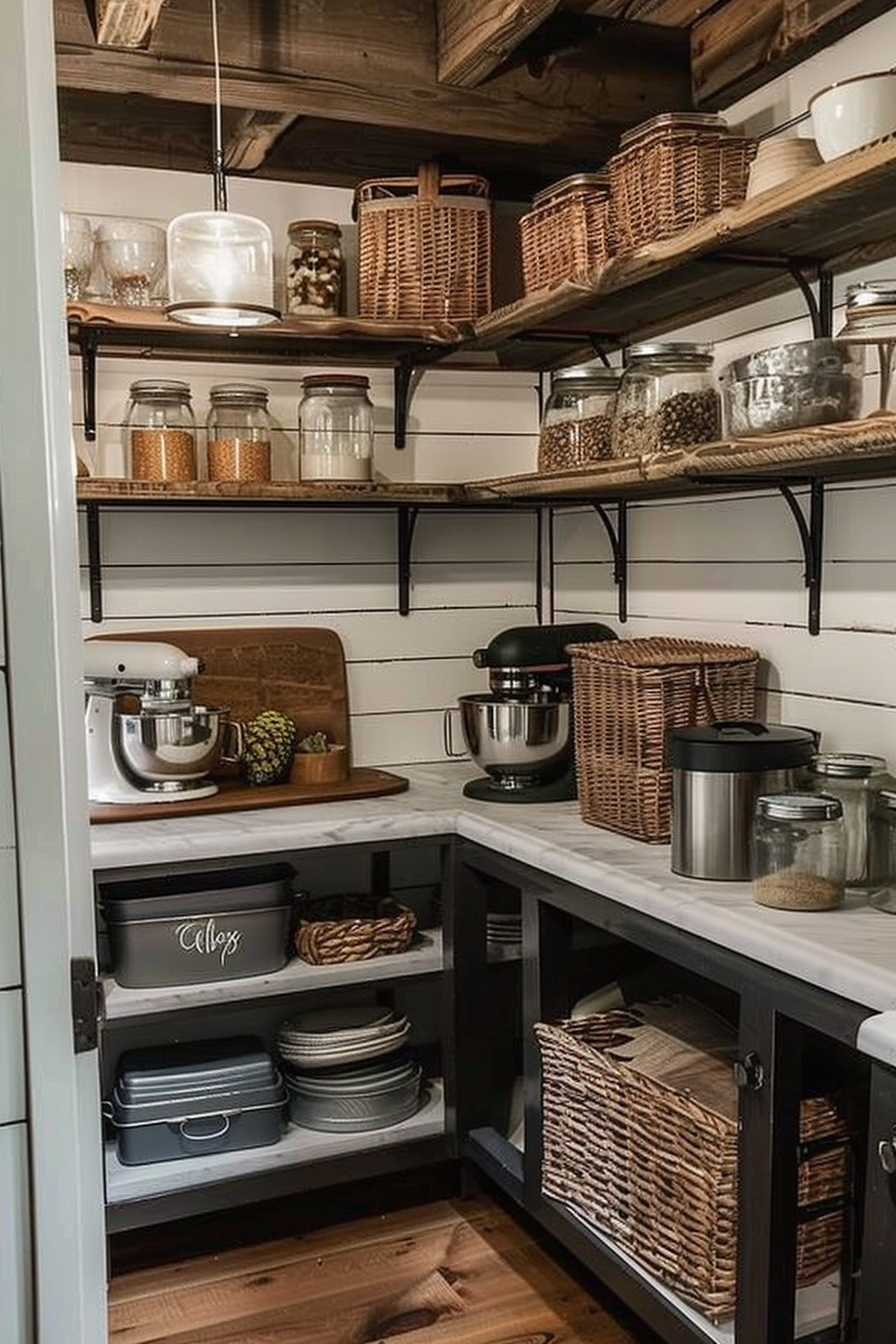 ALT: A cozy pantry with wooden shelves storing glass jars, wicker baskets, and two stand mixers. Lower shelves have labeled bins and stacked plates.