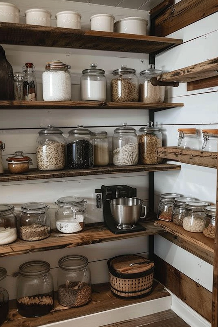 Wooden pantry shelves neatly organized with labeled jars, a mixer, and a woven basket.