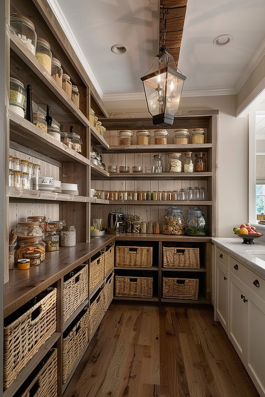 A well-organized pantry with wooden shelves, glass jars of dry goods, wicker baskets, and a hanging pendant light.