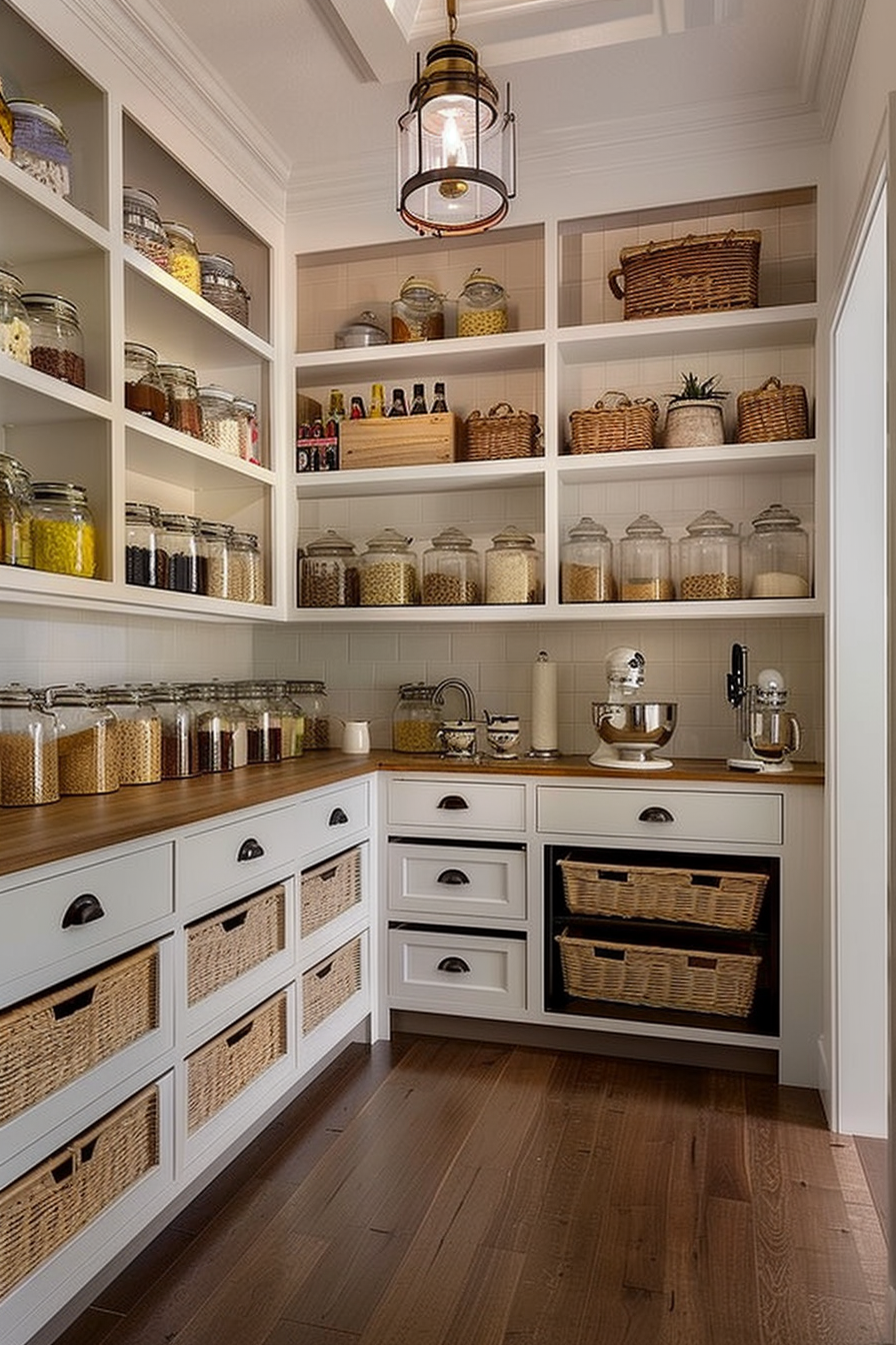 ALT: A well-organized pantry with wooden shelves filled with glass jars, wicker baskets, and a kitchen mixer on a countertop.