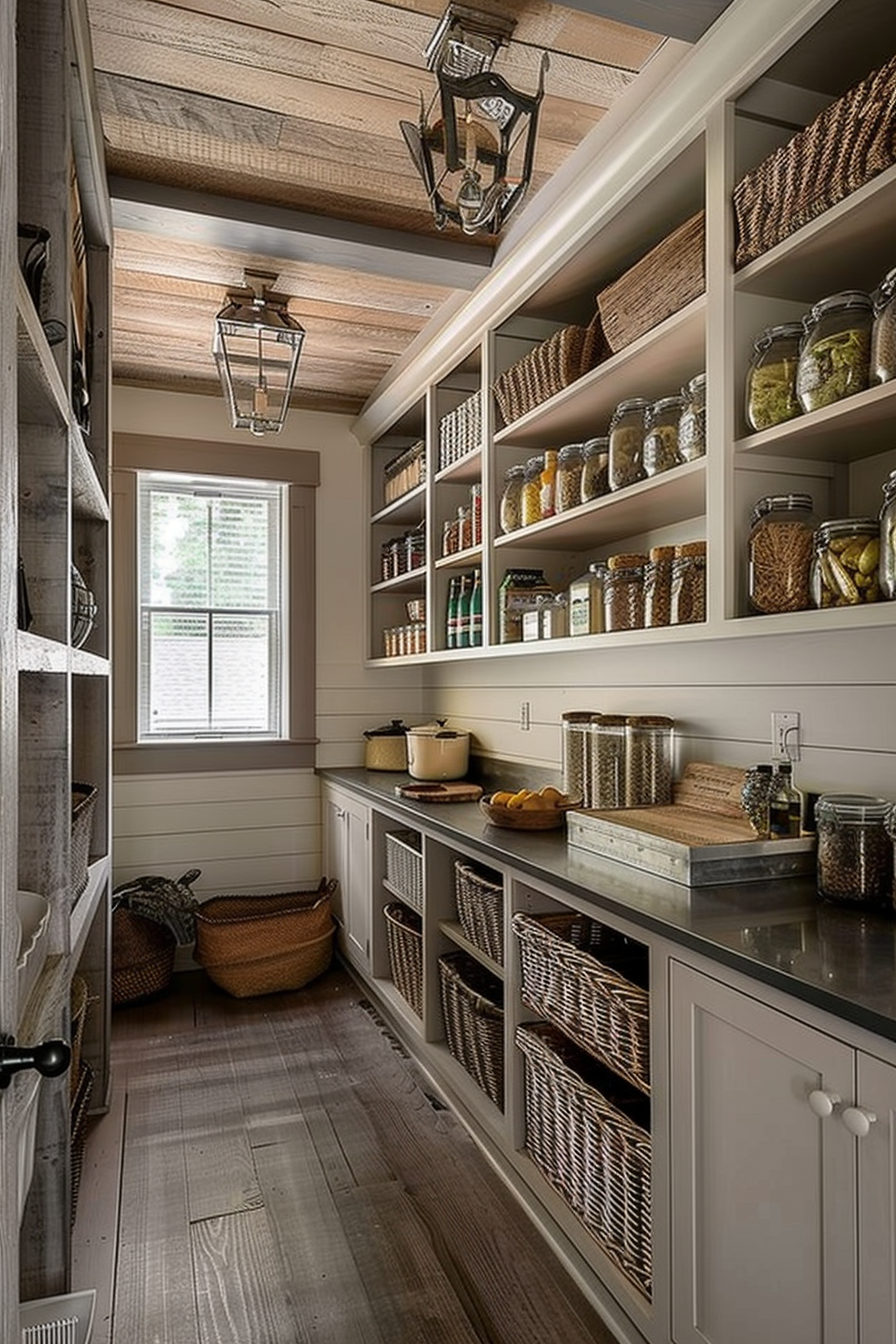 A rustic kitchen with a farmhouse sink, brass faucet, mosaic tile backsplash, and open wooden shelves with cookware.