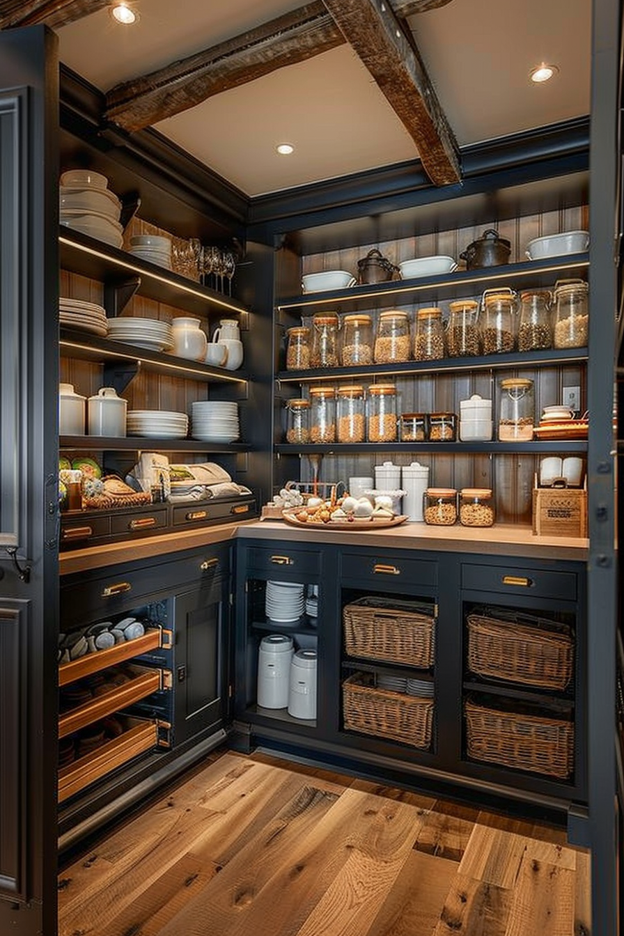 A well-organized walk-in pantry with wooden shelves filled with dishes, glassware, and labeled containers, accented by exposed ceiling beams.