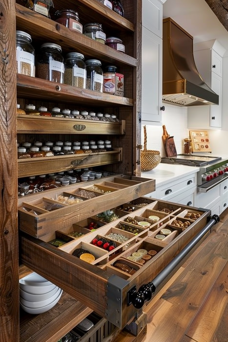 Wooden pantry shelves stocked with jars and spices next to pull-out drawers with organized compartments holding various ingredients.