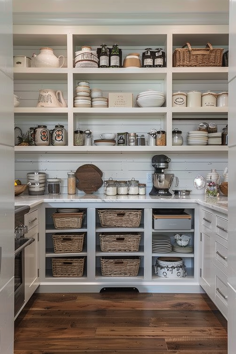 ALT: A neatly organized pantry with white shelves containing various dishes, jars, baskets, and a kitchen mixer on a wooden floor.