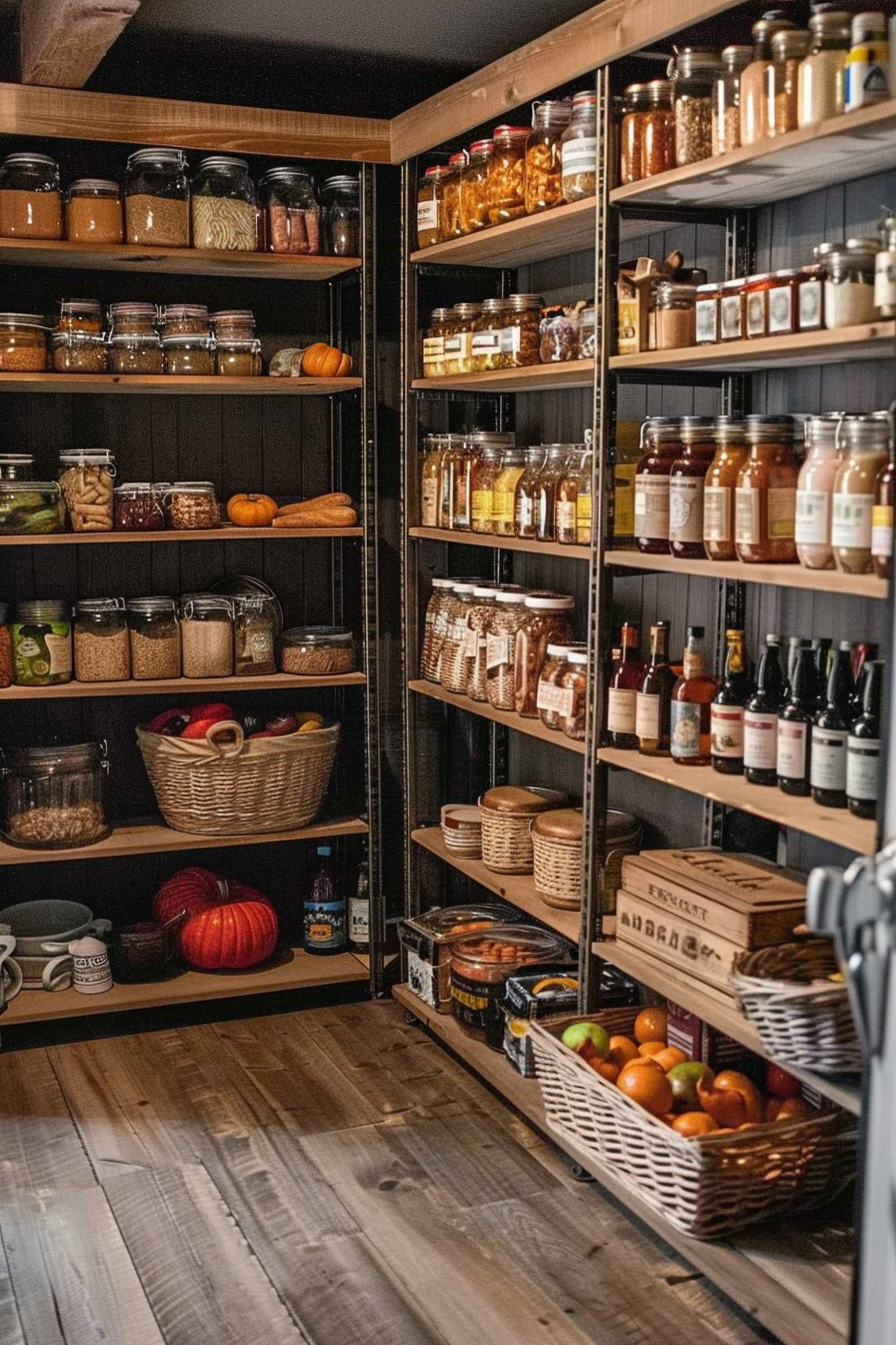A well-organized pantry with shelves of jars, bottles, baskets of fruits, and wooden boxes on a wooden floor.