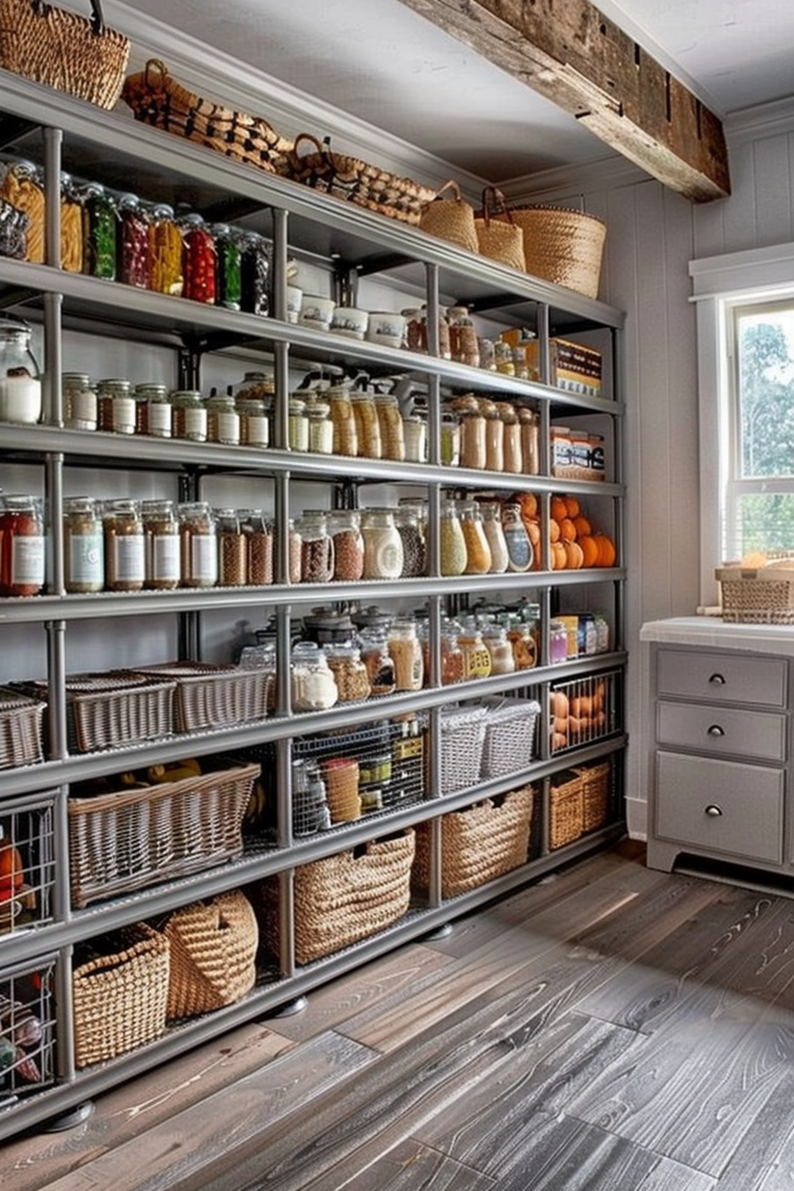 Elegant kitchen with white cabinets, stainless steel range, hexagon tile backsplash, and wooden range hood.