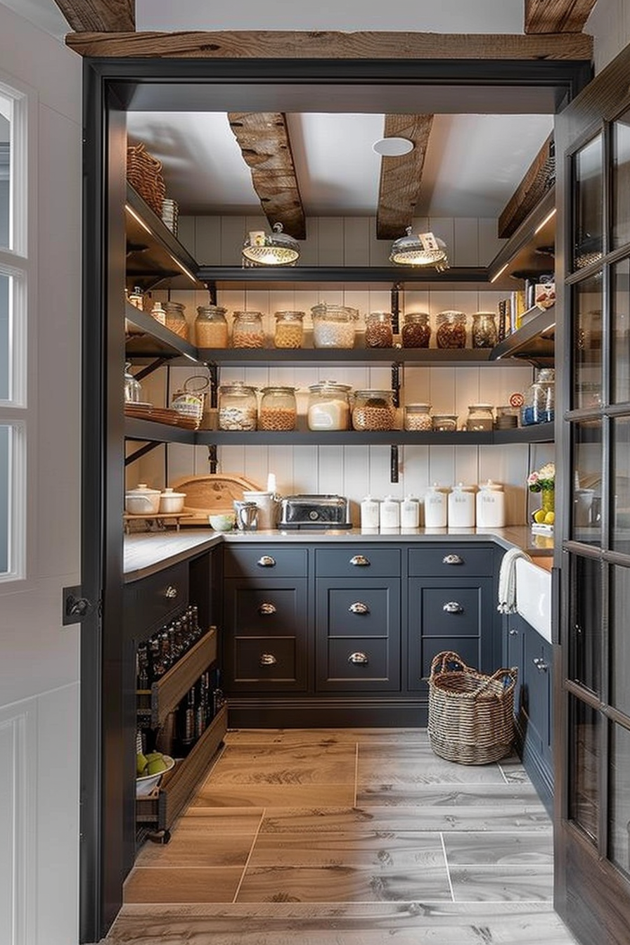 A cozy pantry with exposed wooden beams, glass jars on shelves, dark cabinets, and a wicker basket on the floor.