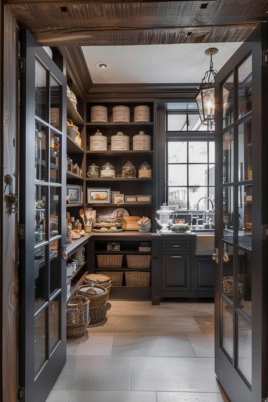 Elegant pantry with glass doors, dark wood shelves stocked with labeled jars, wicker baskets, and a lantern-style light fixture.