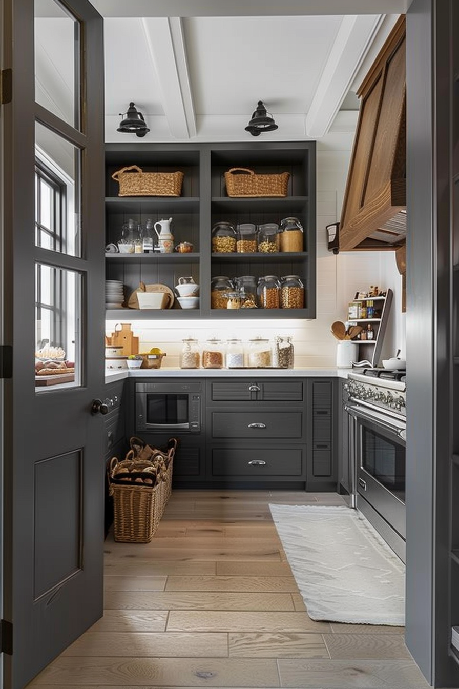 Modern pantry with open shelves filled with jars and baskets, adjacent to kitchen appliances and a herringbone wood floor.