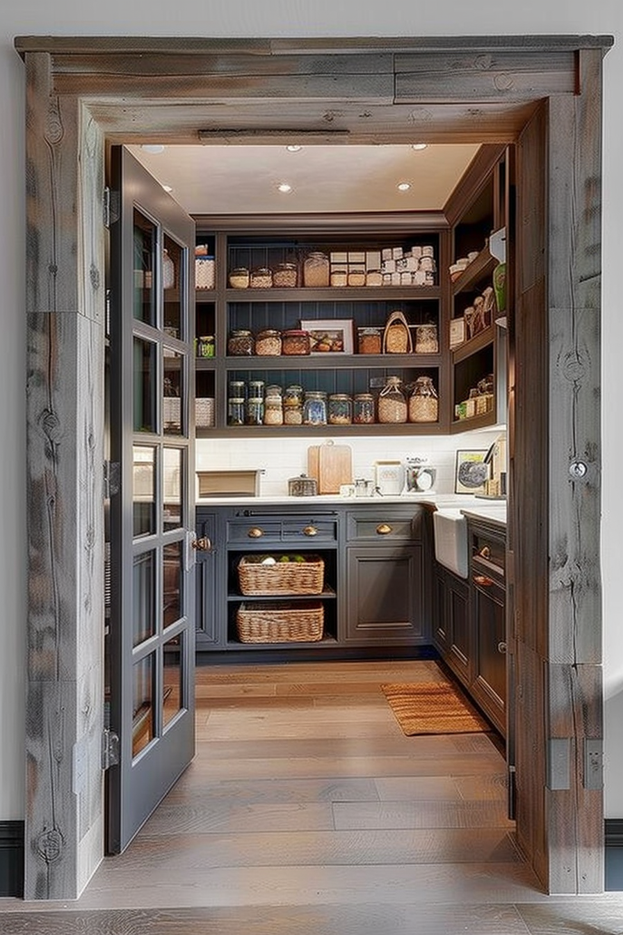 A rustic wooden door opens to a well-organized pantry with shelves stocked with jars, baskets, and kitchen supplies.
