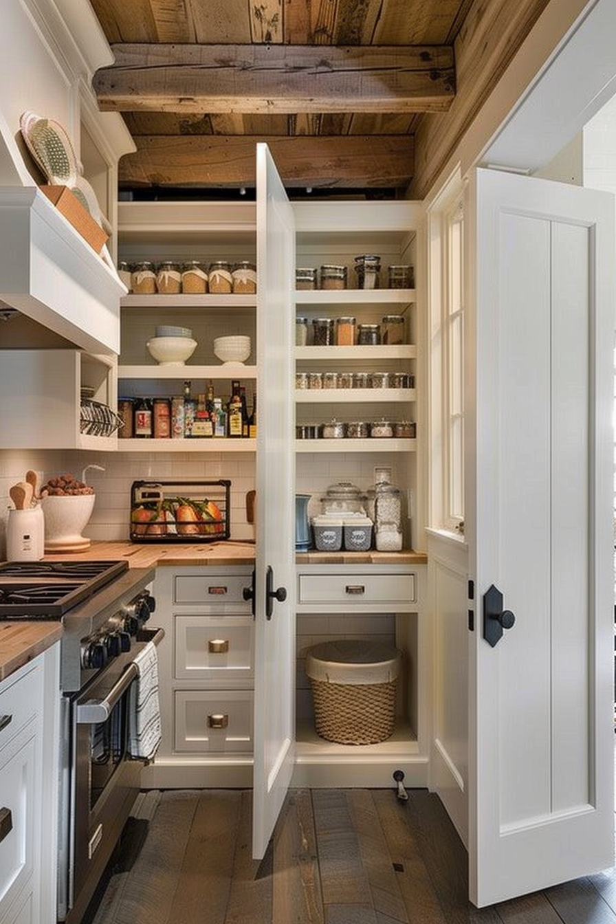 A cozy kitchen pantry open door revealing shelves stocked with jars and utensils, with rustic wooden ceiling beams above.