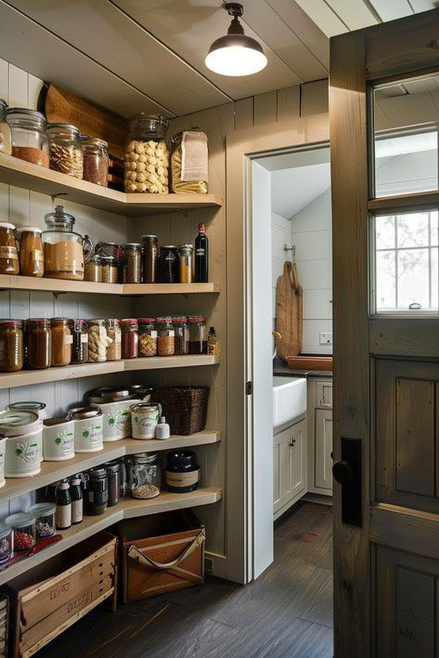 A well-organized pantry with wooden shelves filled with labeled jars, containers, and wicker baskets, viewed from an open door.