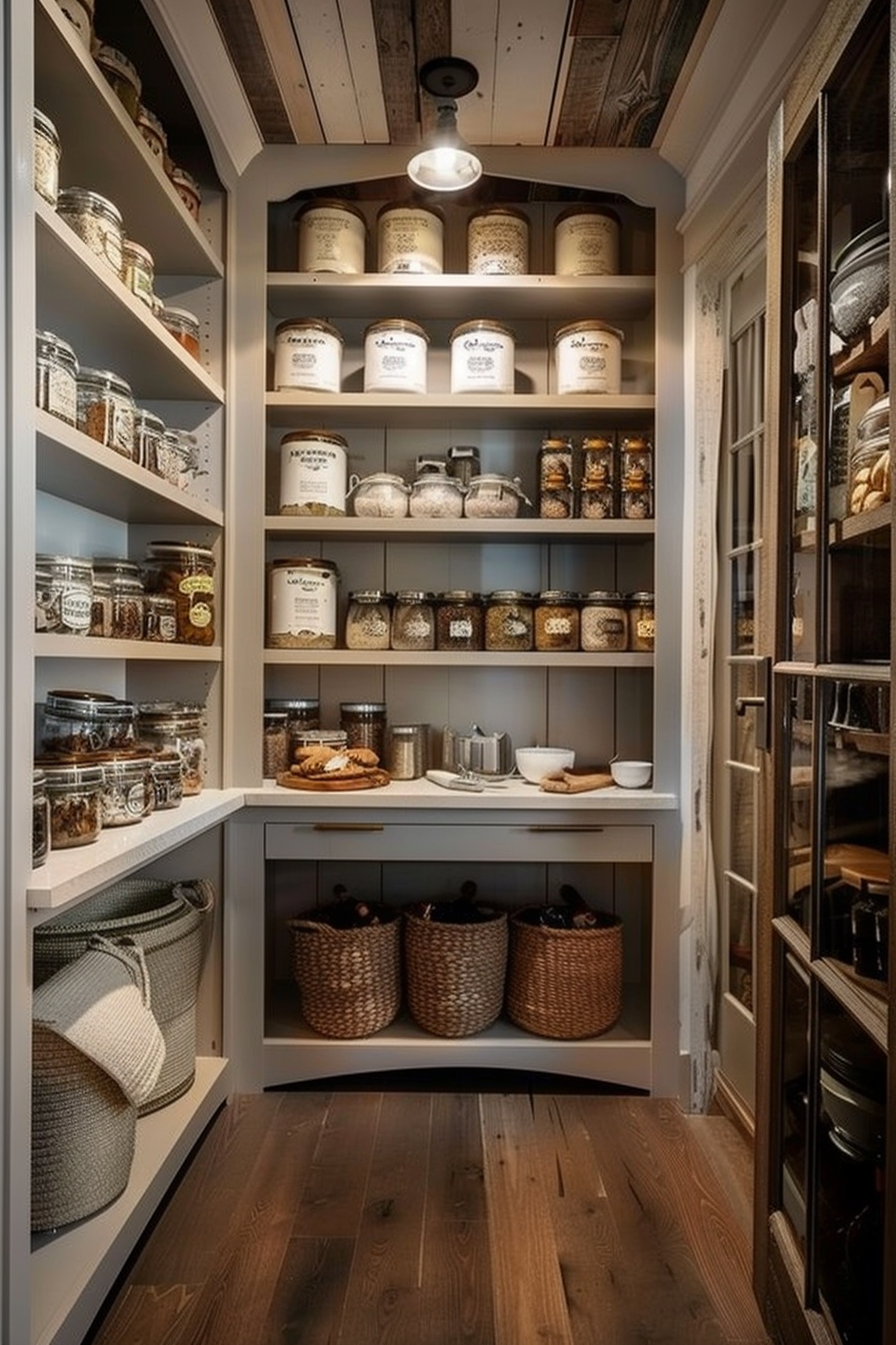 Cozy walk-in pantry with wooden shelves stocked with labeled jars, wicker baskets, and a wooden floor under warm lighting.
