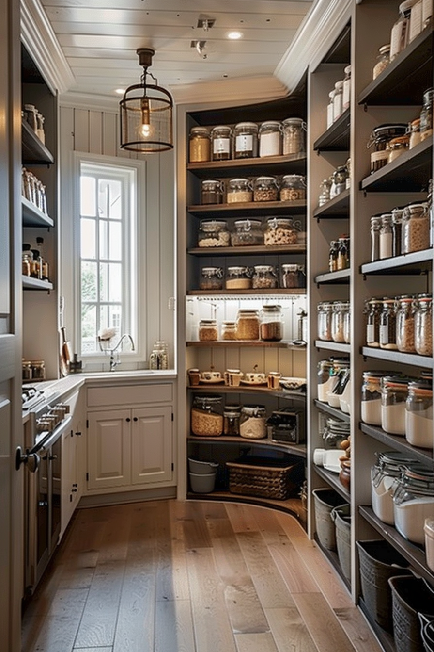 A well-organized walk-in pantry with wooden floors, black shelving, and neatly labeled jars and containers under warm lighting.