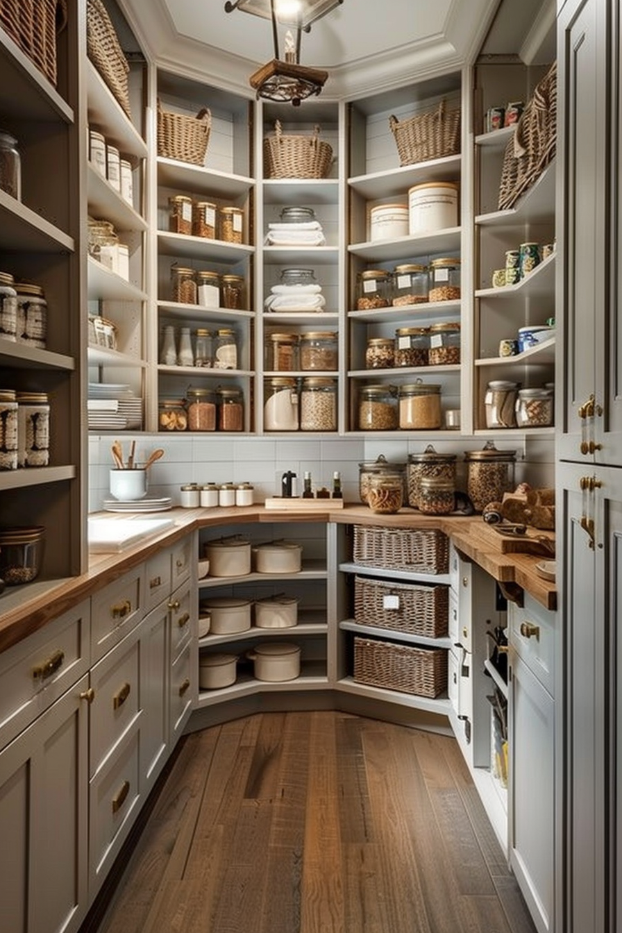 Well-organized pantry with wooden shelves, wicker baskets, and various dry goods in glass jars.