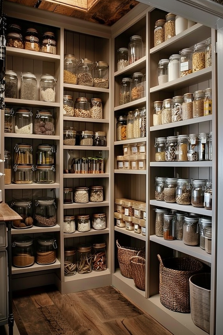 A well-organized pantry with labeled jars and baskets on wooden shelves, storing various dry goods and cooking ingredients.