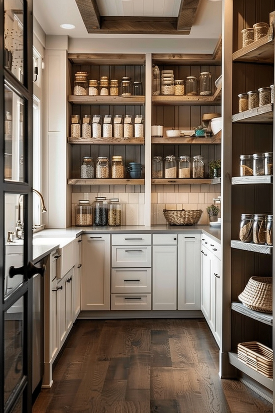 A well-organized pantry with wooden shelves filled with labeled jars, woven baskets, and neatly stacked linens, featuring white cabinetry.