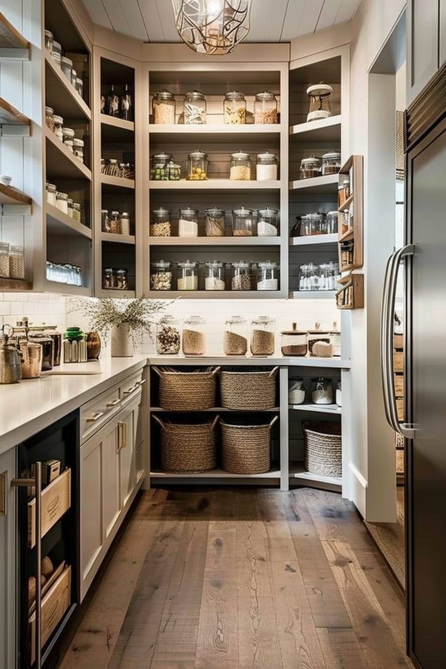 A modern pantry with wooden shelves filled with glass jars and baskets, a stainless steel refrigerator, and hardwood floors.