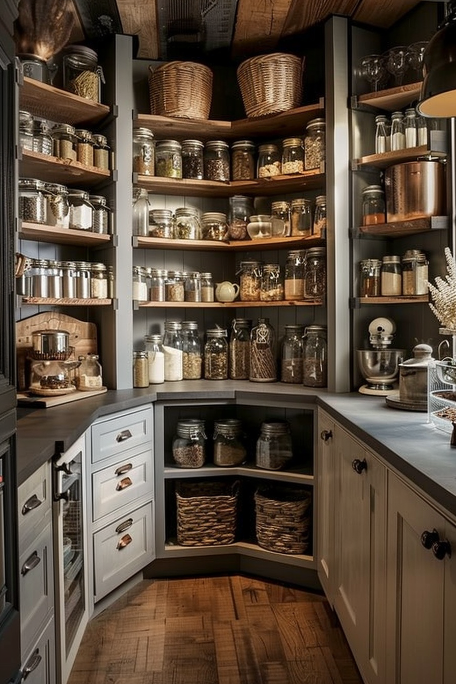 A cozy corner pantry with wooden shelves stocked with glass jars, wicker baskets, and kitchenware, under warm ambient lighting.